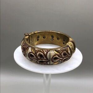 Carved bone hinge bangle bracelet vintage handmade India boho rustic statement.